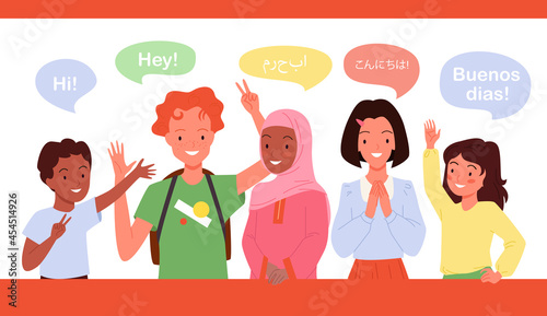 Children greeting, school kids say hi in different languages vector illustration. Cartoon group of multicultural multiethnic girl boy child characters standing, cute students waving hand background