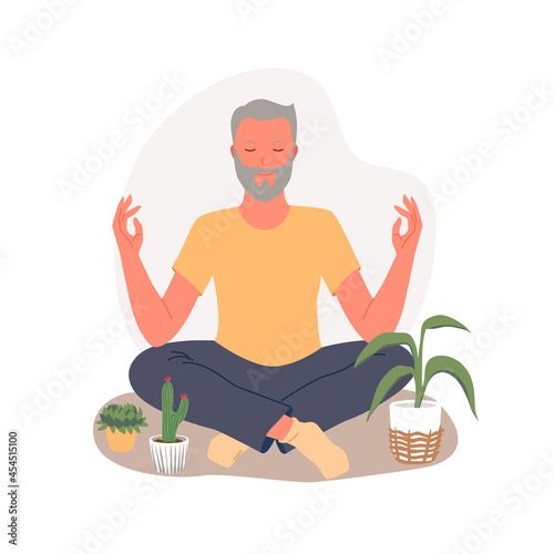 Old people training yoga to concentrate on healing aura, practice zen asana vector illustration. Cartoon senior man character sitting in calm lotus position, mental health therapy isolated on white