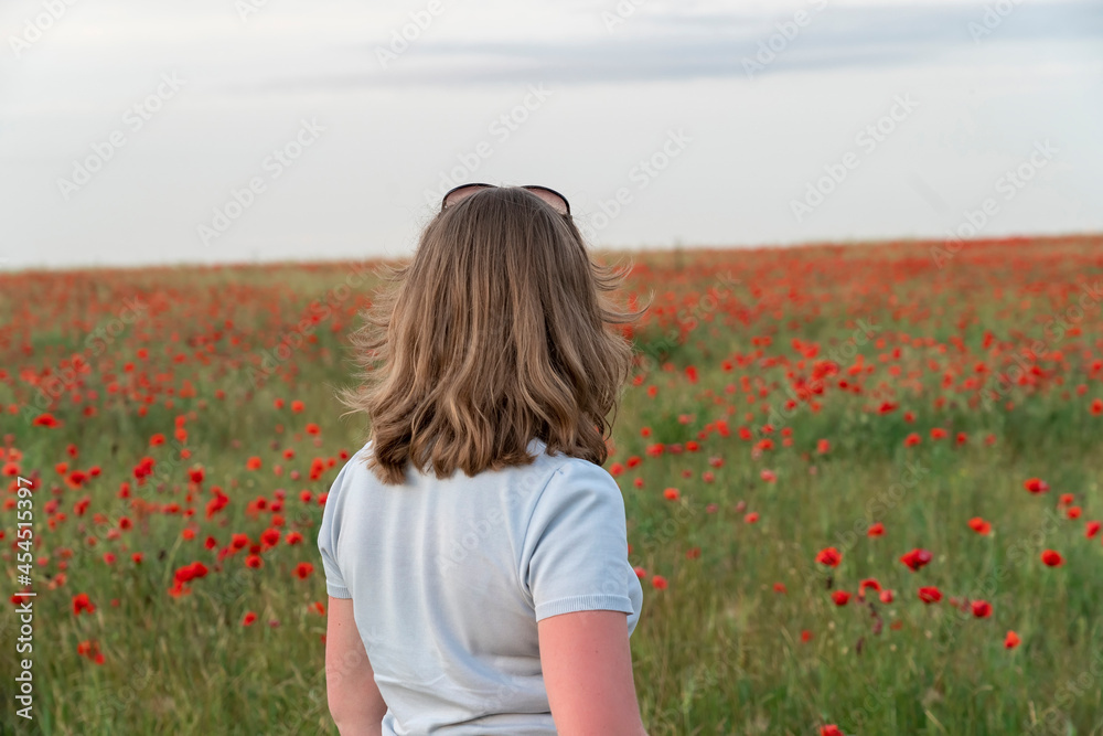Happy young woman in field of poppies from back at sunset. Concept freedom, happiness, calm and summer vacation. Happy young woman in field of poppies from back at sunset. Concept freedom, happiness, calm and summer vacation.