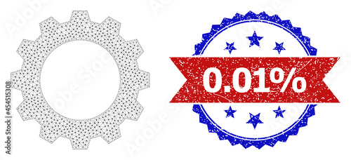0.01% corroded stamp seal, and cogwheel icon net model. Red and blue bicolor stamp has 0.01% caption inside ribbon and rosette. Abstract flat mesh cogwheel, built from flat mesh.