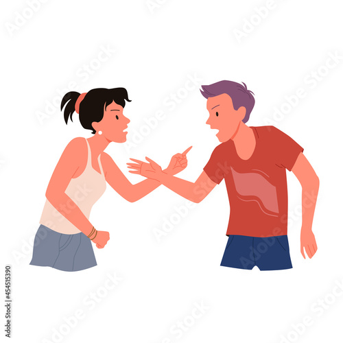 Couple people yell, angry husband wife point fight in fight vector illustration. Cartoon man woman characters yelling, stress dispute and quarrel between two aggressive persons isolated on white