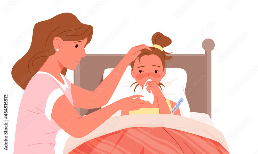 Mother and sick daughter with cold flu, fever ill vector illustration.  Cartoon feverish child lying in bed at home bedroom, mom character checking  temperature with thermometer isolated on white Stock Vector |