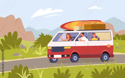 Family travel by car bus camper van, summer vacation trip adventure vector illustration. Cartoon tourist mother father and son kid characters traveling on road in mountain nature landscape background