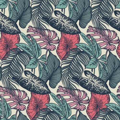 Beautiful seamless pattern with tropical jungle palm, monstera, banana leaves.