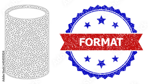 Format rubber stamp seal, and cylinder icon polygonal model. Red and blue bicolor stamp contains Format tag inside ribbon and rosette. Abstract flat mesh cylinder, built from flat mesh.
