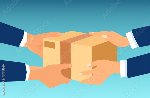 Vector of a cardboard box, a parcel passed from hands to hands.