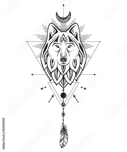 Vector illustration of black and white wolf, moon, feather, sacral geometric simbols isolated on white background.