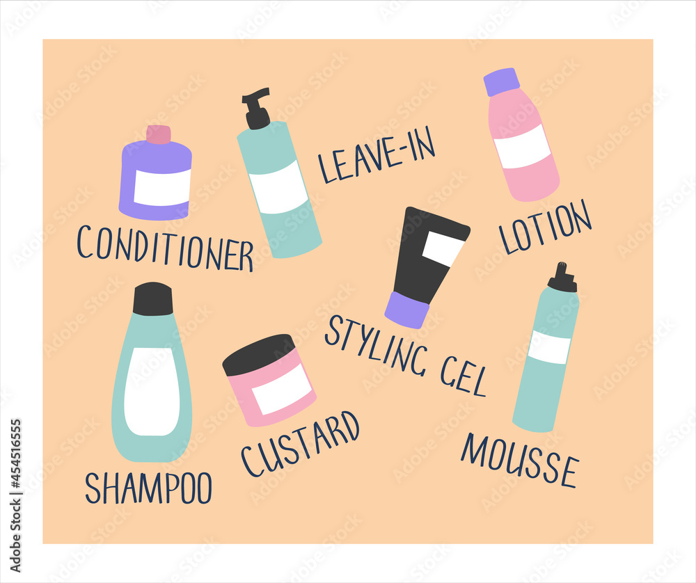 Set of cosmetics for curly hair routine, labeled. Curly girl method (CGM)  concept. Vector iIllustration of curly hair products. vector de Stock |  Adobe Stock