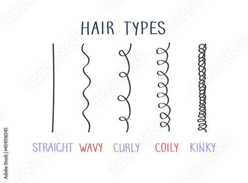 Vector illustration of hair types with curl types labeled. Curly girl method (CGM) concept