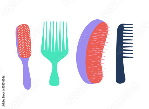 Set of brushes for curly hair care. Curly girl method (CGM) concept. Vector illustration of diffrent combs