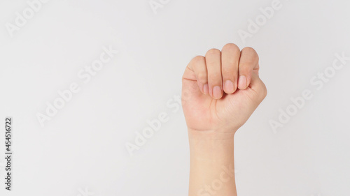 Signal for Help.Trap thumb hand sign on white background.