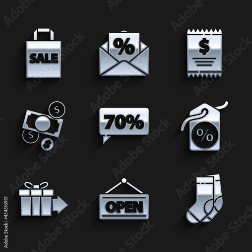 Set Seventy discount percent tag, Hanging sign with Open, Socks, Discount, Gift box, Money cash and coin, Paper check financial check and Shoping bag Sale icon. Vector