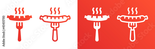 Grilled sausage on fork icon. Hot sausage icon vector illustration