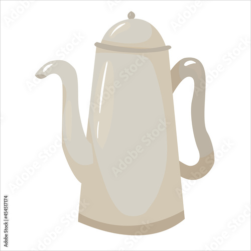 Retro metal coffee pot in cartoon style. Kitchenware. The aesthetics of coffee. Vector illustration isolated on white background.