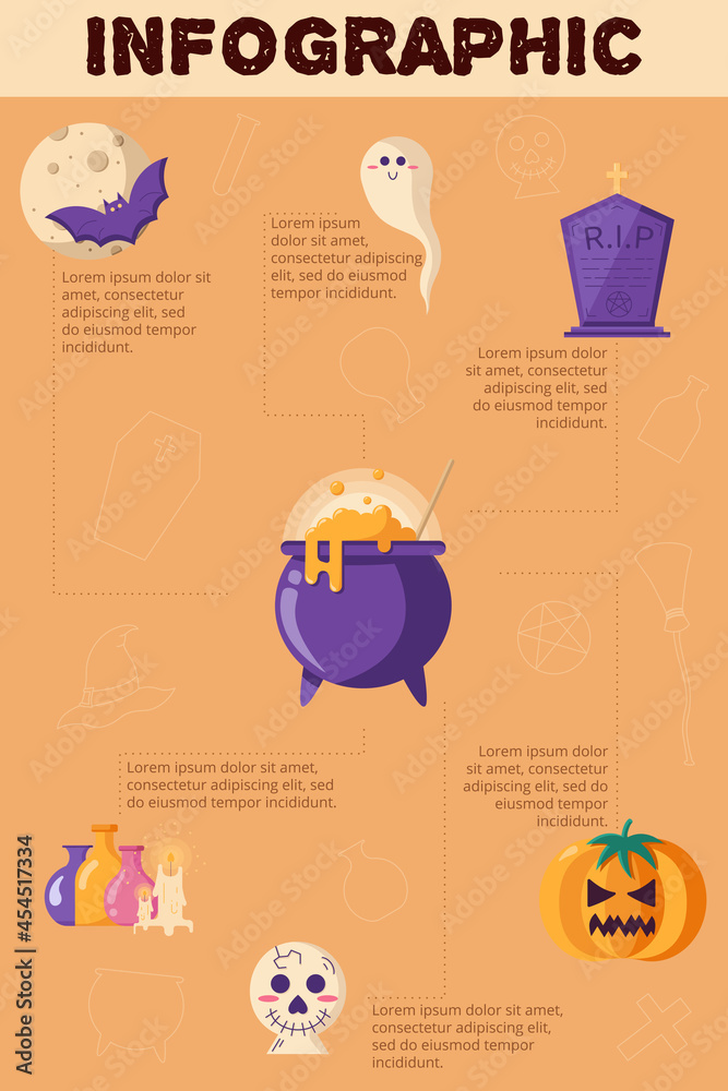 Fototapeta premium Halloween Concept Infographics. Flat Design Vector Illustration of Trick or Treat Concept isolated on a orange background. Vector illustration