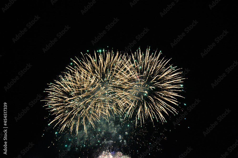 Fototapeta premium Bright fireworks against a black night sky.