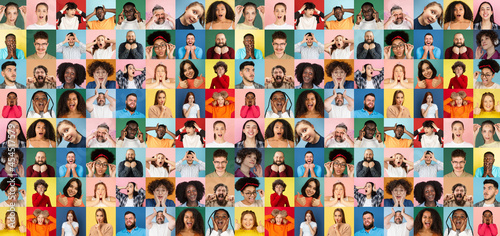Collage of faces of surprised multiethnic people isolated on multicolored backgrounds. Happy men, women and kids. Human emotions, facial expression, diversity concept.