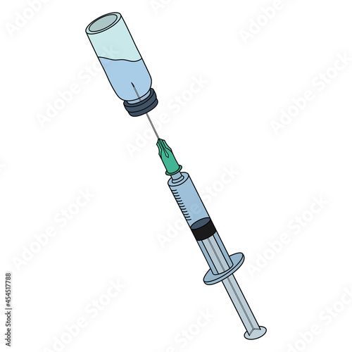 Syringe for injection. Draw liquid medicine from the bottle. Colored vector illustration. Sharp needle. Patient treatment. Outline on an isolated white background. Medical instrument. Health theme.