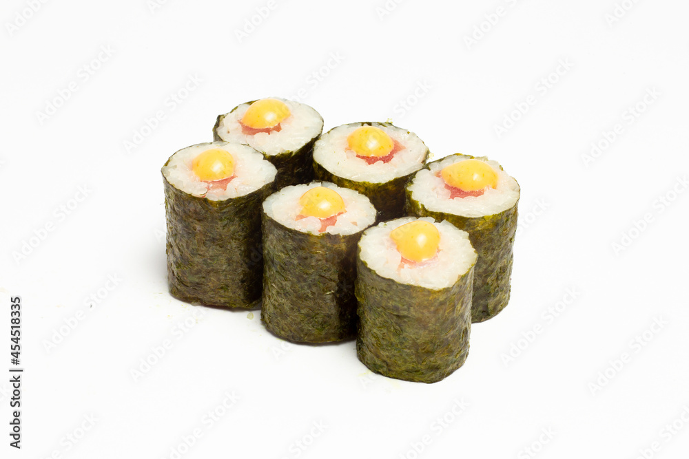 Traditional japanese nigiri sushi, separated on white background, side view Traditional japanese nigiri sushi, separated on white background, side view