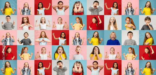 Collage of faces of surprised  shocked children  kids  pupils isolated on multicolored backgrounds. Childhood  human emotions  facial expression  diversity concept.