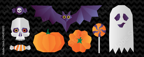 Halloween set of funny vector symbolic objects for your design. Pumpkin, candy, sweet, ghost, bat and skull.