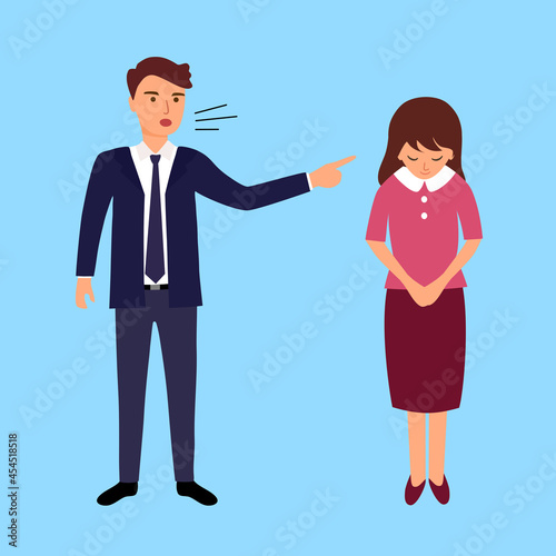 Angry boss blaming woman employee for her work mistake in flat design.