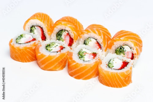 Traditional japanese nigiri sushi, separated on white background, side view
