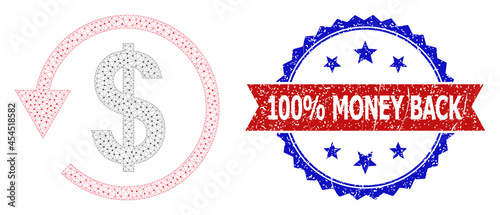 100% Money Back grunge seal imitation, and dollar chargeback icon mesh structure. Red and blue bicolor stamp has 100% Money Back tag inside ribbon and rosette. Abstract flat mesh dollar chargeback,
