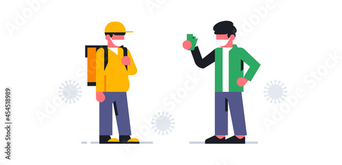 A courier wearing a medical mask delivered the order. Safe online food delivery to your home during a pandemic. Coronavirus, virus, medical protection, money, food, people. Vector illustration. © kostymo