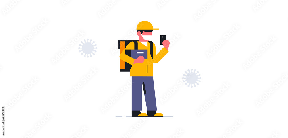A courier wearing a medical mask accepted an order to deliver a parcel. Bag, box, delivery man, safe delivery service, coronavirus, virus, phone, app. Vector illustration.