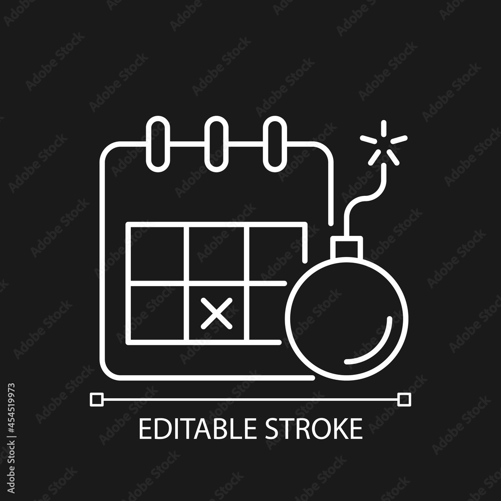 Naklejka premium Meeting deadline white linear icon for dark theme. Complete task within time frame. Thin line customizable illustration. Isolated vector contour symbol for night mode. Editable stroke
