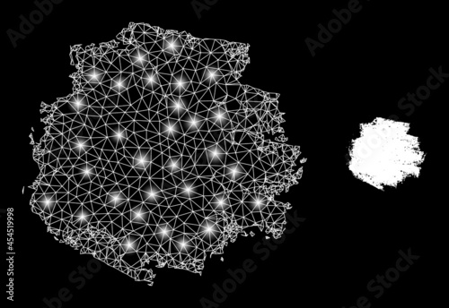 Bright mesh vector round charcoal texture with glare effect. White mesh, light spots on a black background with round charcoal texture icon. Mesh and glowing elements are placed on different layers.