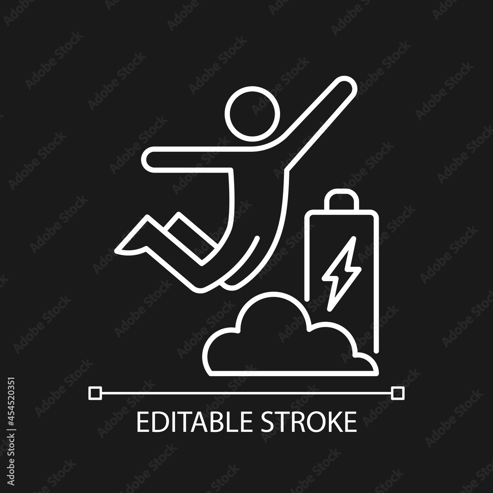 Increased energy white linear icon for dark theme. Motivation boosts energy and productivity. Thin line customizable illustration. Isolated vector contour symbol for night mode. Editable stroke Increased energy white linear icon for dark theme. Motivation boosts energy and productivity. Thin line customizable illustration. Isolated vector contour symbol for night mode. Editable stroke