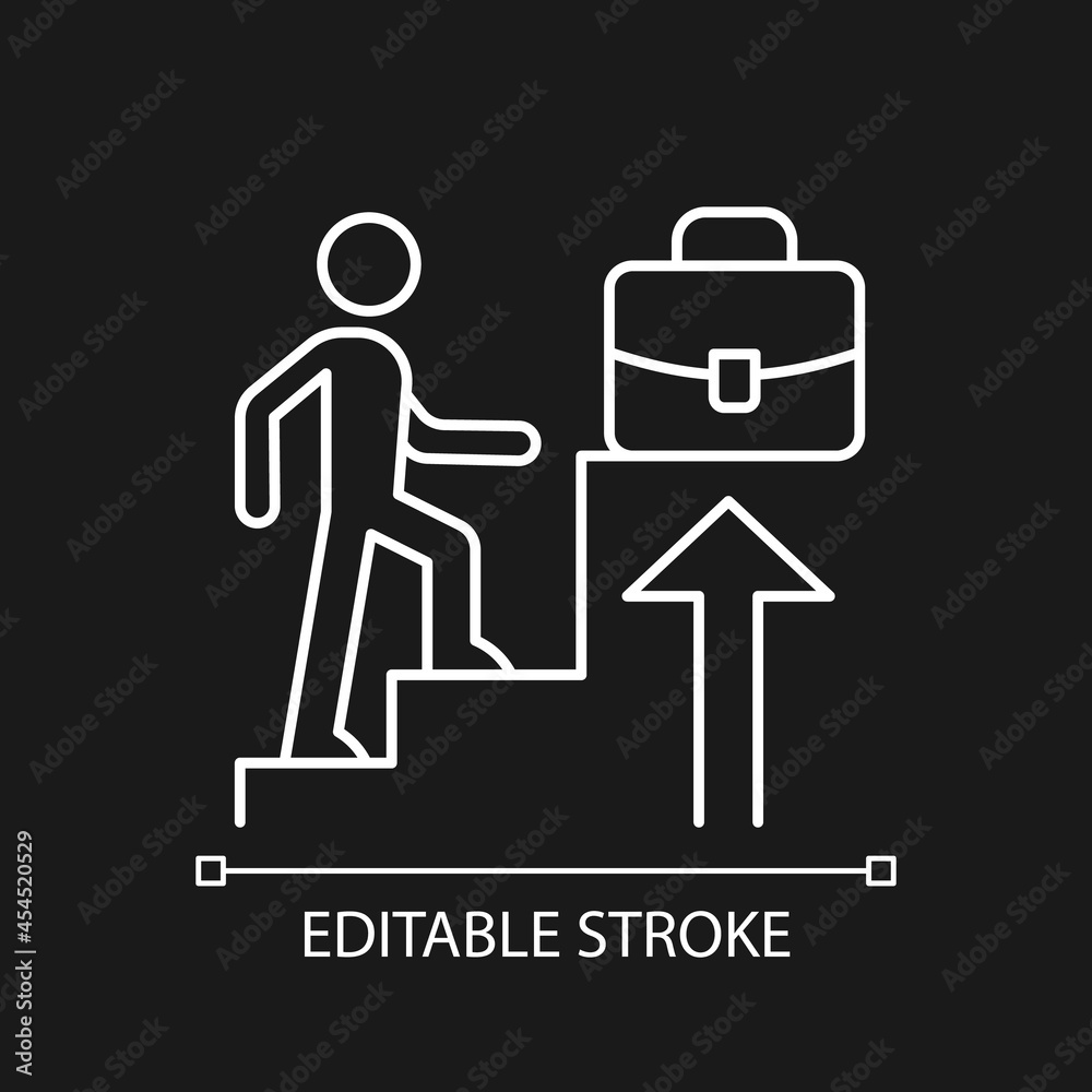 Promotion white linear icon for dark theme. Career raise. Employee performance. Worker advancement. Thin line customizable illustration. Isolated vector contour symbol for night mode. Editable stroke Promotion white linear icon for dark theme. Career raise. Employee performance. Worker advancement. Thin line customizable illustration. Isolated vector contour symbol for night mode. Editable stroke