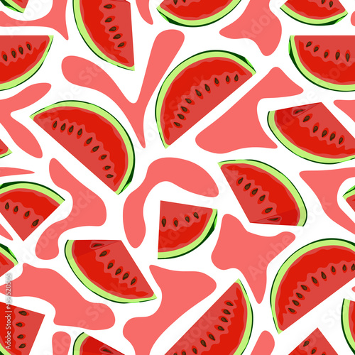 Fototapeta Naklejka Na Ścianę i Meble -  Juicy slices of watermelon in a white background. Seamless pattern, vector.