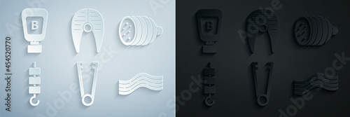 Set Meat tongs, Salami sausage, Grilled shish kebab skewer stick, Bacon stripe, Fish steak and Sauce bottle icon. Vector