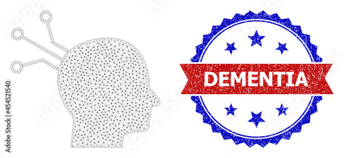Dementia dirty stamp, and brain link icon mesh structure. Red and blue bicolor stamp contains Dementia caption inside ribbon and rosette. Abstract 2d mesh brain link, built from flat mesh.