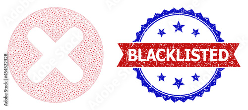 Blacklisted scratched stamp, and cancel icon net structure. Red and blue bicolor stamp has Blacklisted tag inside ribbon and rosette. Abstract flat mesh cancel, built from flat mesh.