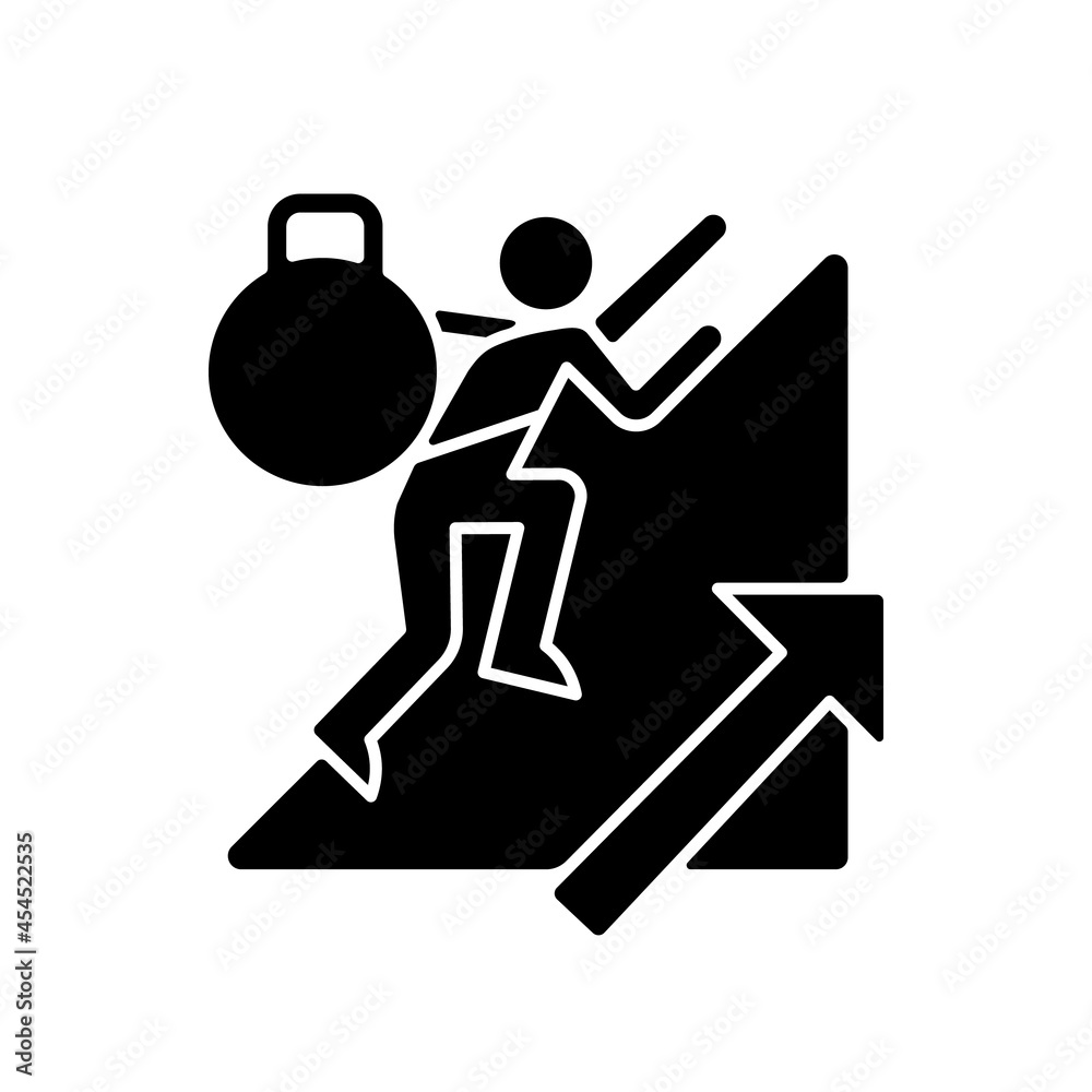 Fototapeta premium Persistence black glyph icon. Voluntary activity despite difficulties and obstacles. Achieve goal. Personality trait. Strong motivation. Silhouette symbol on white space. Vector isolated illustration