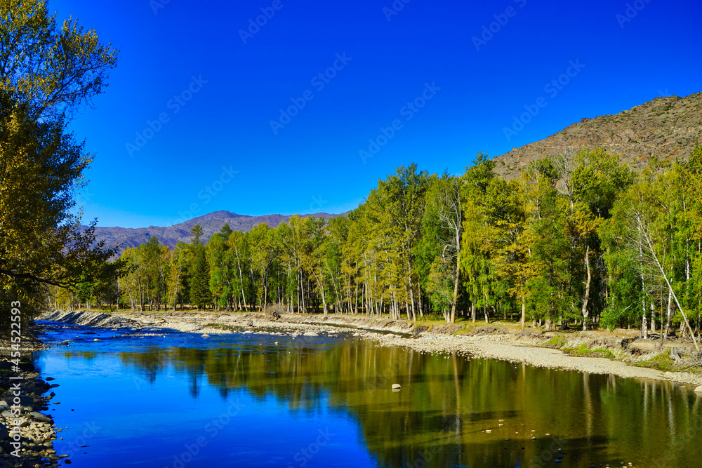 Poetic landscapes, clean blue skies, clear rivers, and lush trees, canyon.