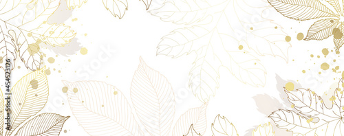 Luxurious golden wallpaper. White background and beautiful autumn leaves. Golden chestnut and maple leaves with a shiny light texture. Modern art mural wallpaper. Vector illustration.