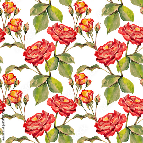 Watercolor roses on a white background. Floral seamless pattern.
