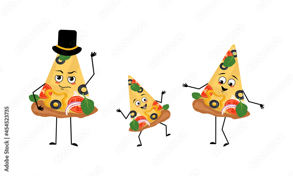 Family of cute pizza characters with joyful emotions, smile face, happy eyes, arms and legs. Mom is happy, dad is wearing a hat and the child dances. Funny pieces of food with vegetables and cheese