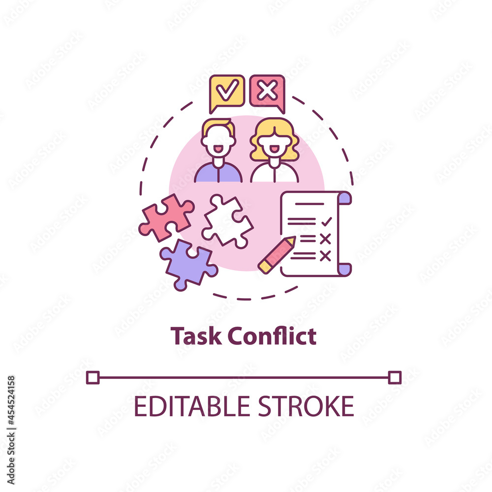 Task conflict concept icon. Coworkers disagree on group assignment. Team dispute. Conflict management abstract idea thin line illustration. Vector isolated outline color drawing. Editable stroke