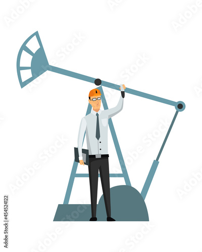 Oil petroleum industry. Engineer or oilman in professional work process isolated. Control extraction or transportation oil and petrol on flat cartoon icon. Isolated vector illustration