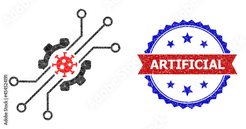 Lowpoly artificial virus polygonal symbol illustration  and grunge bicolor rosette stamp  in red and blue colors. Collage artificial virus is composed of scattered color triangles.