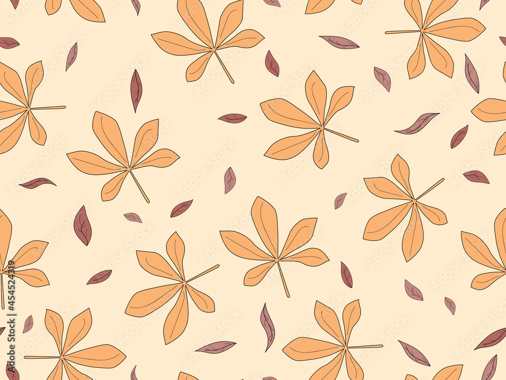 Chestnut leaves seamless pattern. Falling autumn leaves. Design for wrapping paper, print, fabric and printing. Vector illustration