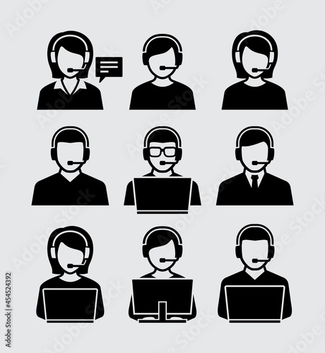 Customer Service Vector Icons Set. User with Headphone working on Computer