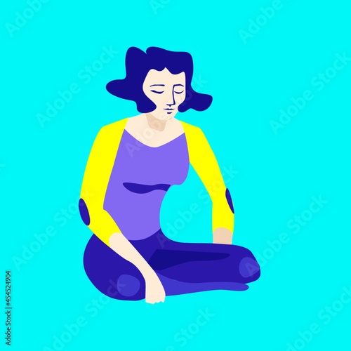 Vector girl young person practicing yoga and zen meditation. Pretty female cartoon character is relaxing and meditating. Curly yoga girl isolated on a blue background.