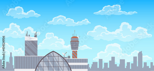 Airport terminal building, control tower and city landscape on background. Infrastructure for travel and tourism concept, passenger air transportation